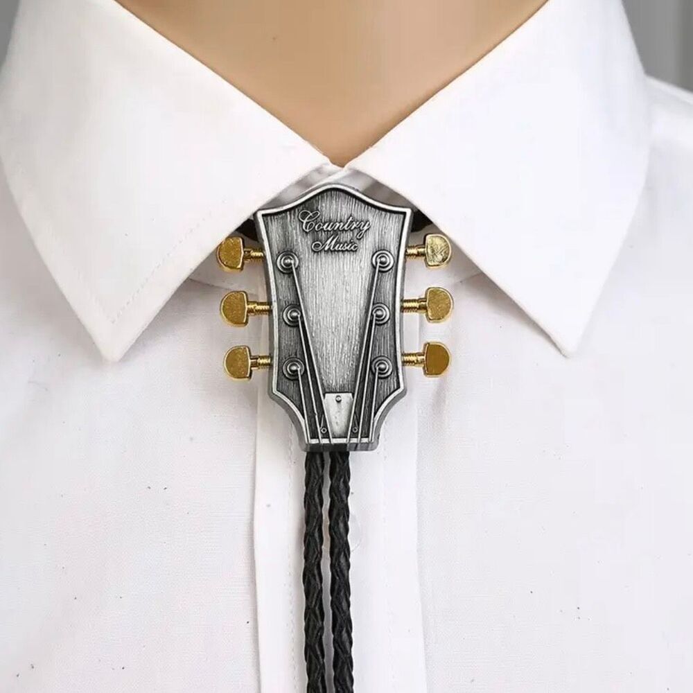 Guitar Head Bolo Tie Mens Casual Western Cowboy Silver Accessory New
